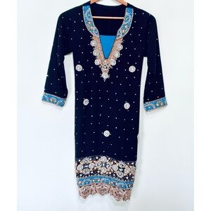 Black Kurti Top With Blue and Gold Embellishments, pearl sequin rhinestone bling